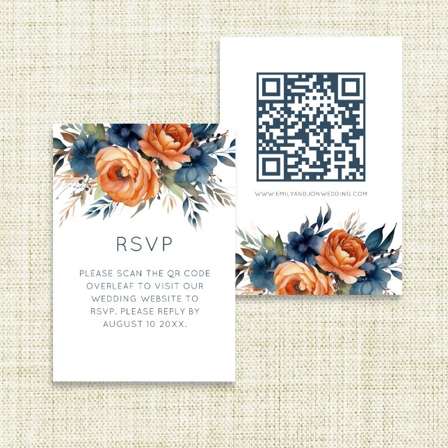 Cartão RSVP Navy Burnt Orange Florals Wedding  (Front and back view)