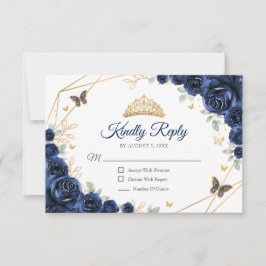 Cartão RSVP Navy Gold Floral Quinceanera Reply