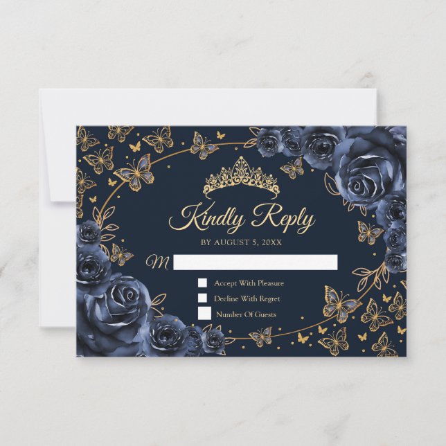 Cartão RSVP Navy Gold Quinceanera Reply (Frente)