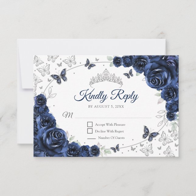 Cartão RSVP Navy Silver Floral Quinceanera Reply (Frente)