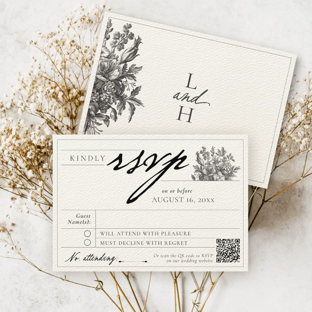 Cartão RSVP Negra Negra Elegante Negra Floral Negra & Ecru Cas (Elegant black vintage floral bouquet boho ecru ivory botanical classic monogram QR wedding RSVP card)