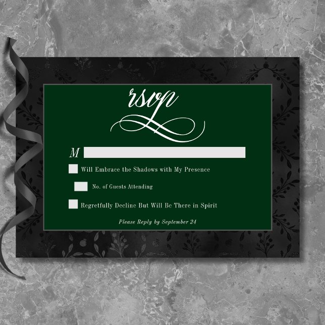 Cartão RSVP Negro Negro Negro Negro Negro Negro Satin Damask V (Dark Gothic Black Floral Satin Damask Green RSVP Card)