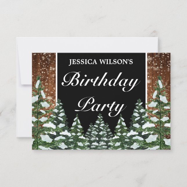 Cartão RSVP Neve Negra Madeira e Pinheiro Florestal Aniversári (Frente)