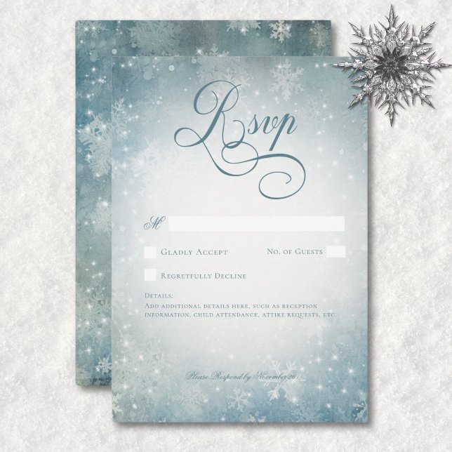Cartão RSVP Neve Romântica Azul Neve Azul Branca Sem Janto (Romantic Falling Snow Blue & White Sparkle No Dinner RSVP Card)