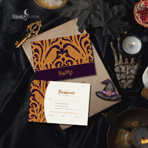 Cartão RSVP Nevermore Damask Halloween Gótico de Ameixa Escu
