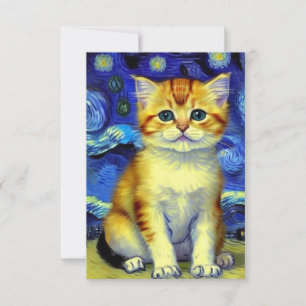 Cartão RSVP Noite Estrelada de Gatinho Fofo Van Gogh
