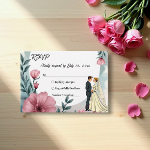 Cartão RSVP Noiva e Noivo Florais em Aquarela Casamento Elegan