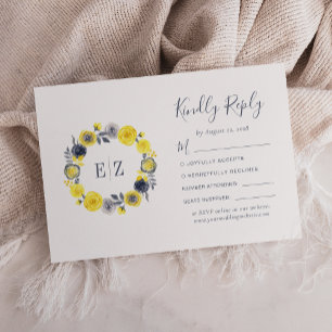 Cartão RSVP Noiva Floral Amarela Cinza Coroa Casamento