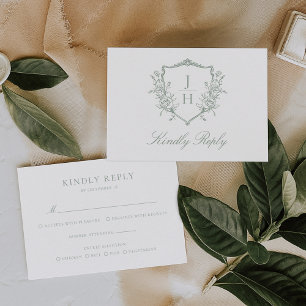 Cartão RSVP Noiva Floral Crest Monograma Casamento Verde Sage 