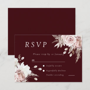 Cartão RSVP Noiva Floral Rosa Empoeirado Burgundy Profundo Cas