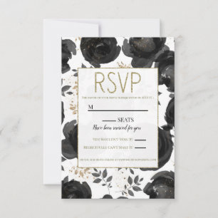 Cartão RSVP Noiva Folhas Florais Ouro Preto Glamour