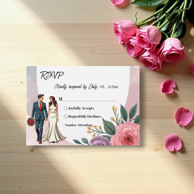 Cartão RSVP Noiva Romântica E Casamento Floral De Groom Waterc (Criador carregado)