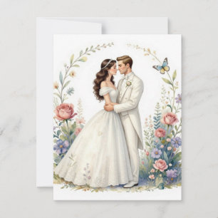 Cartão RSVP Noiva Romântica Noivo Floral Casal de Noivos Elega