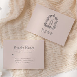 Cartão RSVP Noiva Rosa Bege Crista Monograma Casamento