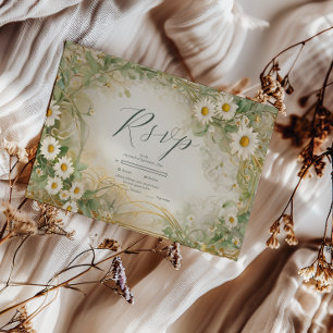Cartão RSVP Noivas Verde Marfim de Margaridas Art Nouveau