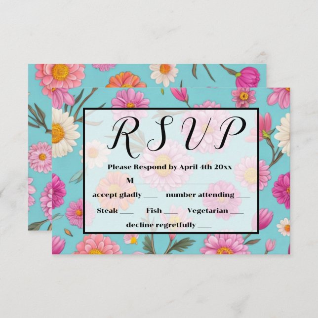 Cartão RSVP Núcleo de algodão margarida branca margarida rosa  (Frente/Verso)