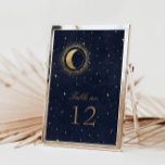 Cartão RSVP Número da Tabela de Casamento de Estrelas Douradas<br><div class="desc">Nossa coleção "Casamento Dourado Celestial" apresenta uma bela lua crescente com estrelas douradas em vários designs sobre um fundo azul-da-meia-noite de veludo emparelhado com fontes elegantes. Fácil de personalizar e você pode escolher entre muitos outros itens correspondentes desta coleção em nossa loja.</div>