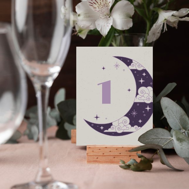 Cartão RSVP Número de Mesa Casamento Celestial Lua e Estrelas  (Criador carregado)