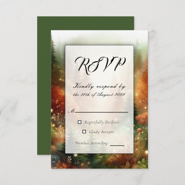 Cartão RSVP O Brilho do outono no Casamento de Floresta Encant (Frente/Verso)