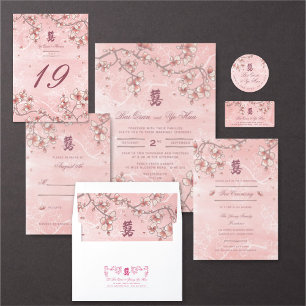 Cartão RSVP O pêssego cor-de-rosa floresce casamento asiátic