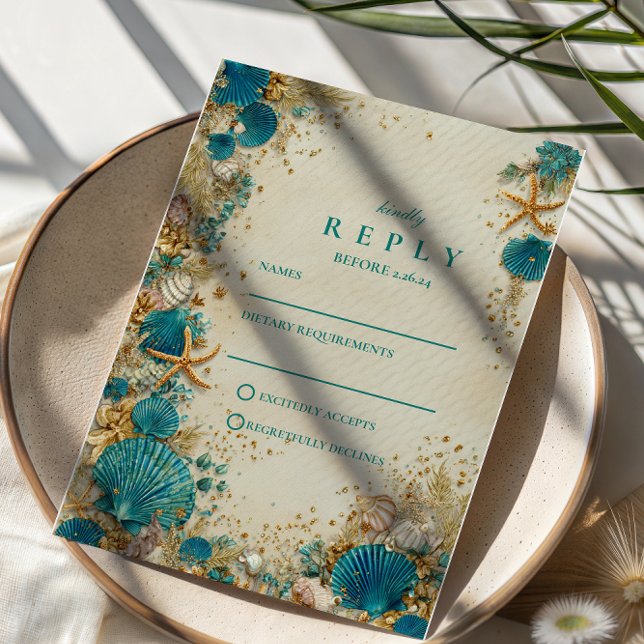 Cartão RSVP Ocean Inspired Seashell Wedding (Criador carregado)