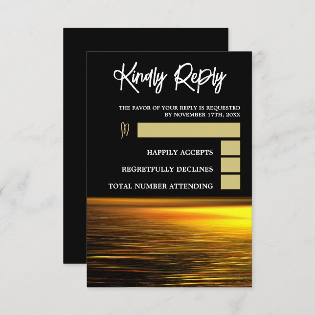 Cartão RSVP Oceano ouro, Casamento Elegante de Praia (Frente/Verso)