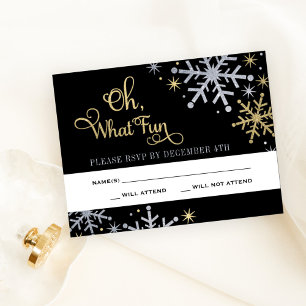 Cartão RSVP Oh Que Diversão Floco de Neve Preto Prata Dourado