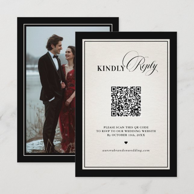 Cartão RSVP Old Money Modern Formal Black Luxury Chic QR code (Frente/Verso)