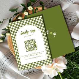 Cartão RSVP Olive green Minimalist Retro Checker Arch Wedding