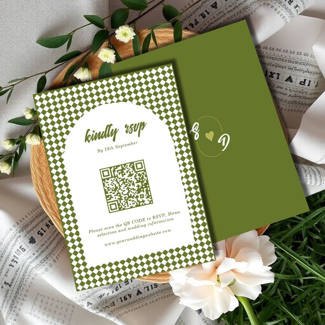 Cartão RSVP Olive green Minimalist Retro Checker Arch Wedding (Criador carregado)