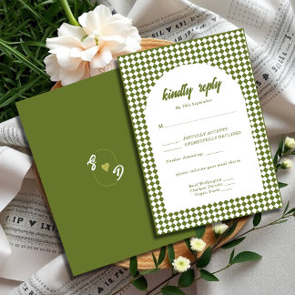 Cartão RSVP Olive green Retro Minimalist Checker Arch Wedding