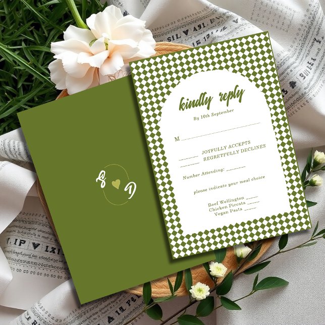 Cartão RSVP Olive green Retro Minimalist Checker Arch Wedding (Criador carregado)