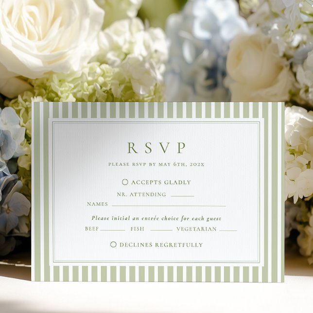 Cartão RSVP Olive Green Stripes Wedding (Criador carregado)