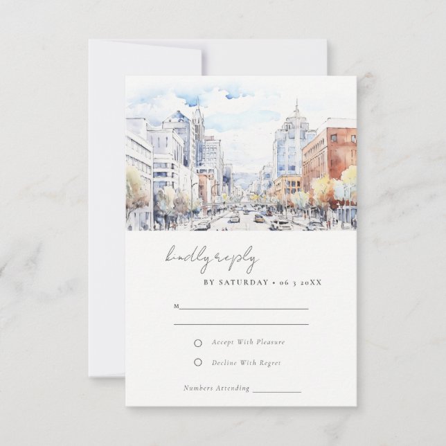 Cartão RSVP Omaha Nebraska Watercolor Landscape Wedding (Frente)