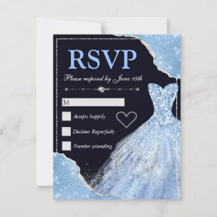 Cartão RSVP Ondas de Glamour Brilho Azul Claro e Vestido Sweet