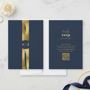 Cartão RSVP Ondas Esculturais Casamento Azul Naval Dourado ID1