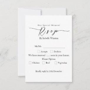 Cartão RSVP Opção de Janto de Casamento Preto para Rosa Dourad