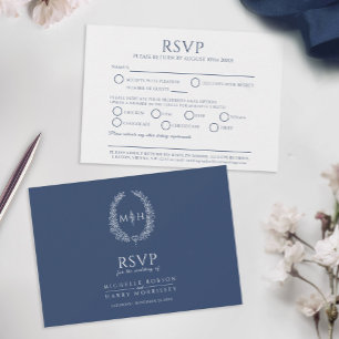Cartão RSVP Opção de refeição com monograma de folha oval azul