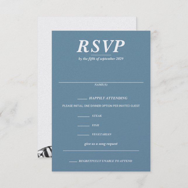 Cartão RSVP Opções de Comida e Solicitação de Música do Casal  (Frente/Verso)