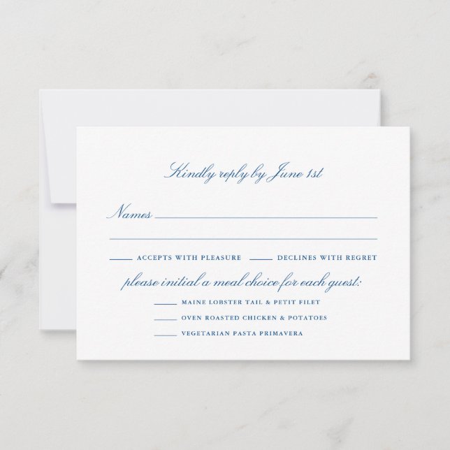 Cartão RSVP Opções de Refeição de Casamento Azul Marinho Elega (Frente)