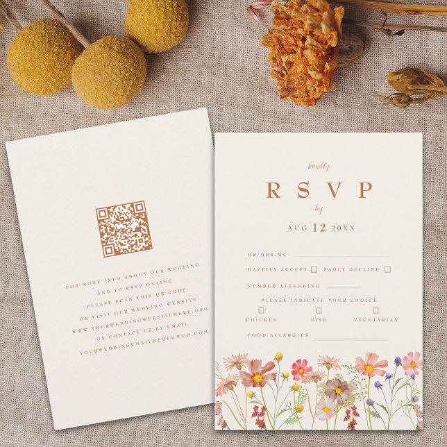 Cartão RSVP Opções de Refeição Floral Boho de Terracota para O (Boho fall wildflower wedding rsvp card terracotta brown burnt orange beige watercolor autumn florals)