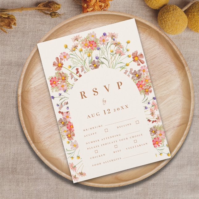 Cartão RSVP Opções de Refeições Florais Boho de Terracota para (Boho fall wildflower floral arch wedding RSVP card terracotta burnt orange beige modern elegant)