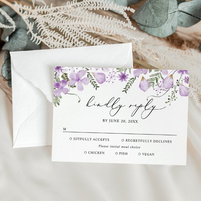 Cartão RSVP Opções de Refeições Lavanda Casamento Floral de Aq (Criador carregado)