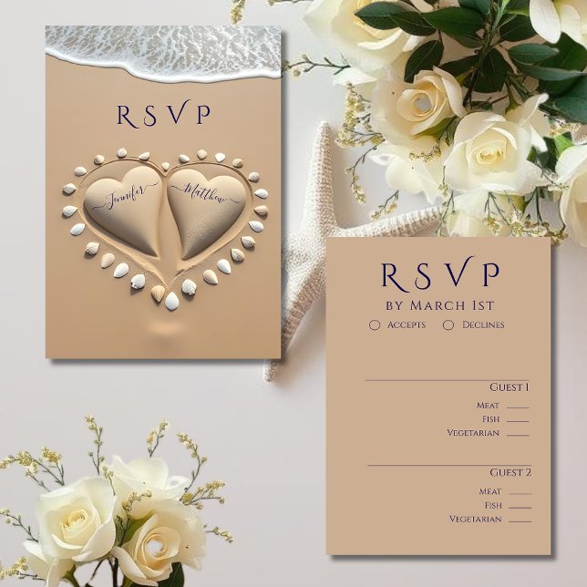 Cartão RSVP Opções de RSVP-Meal de Casamento de Praia (Beach Wedding RSVP-Meal options RSVP Card Sand Hearts)