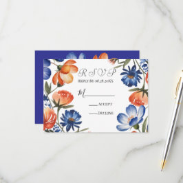Cartão RSVP Orange and Cobalt Blue Floral Wedding