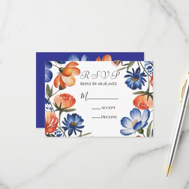 Cartão RSVP Orange and Cobalt Blue Floral Wedding (Frente/Verso In Situ)