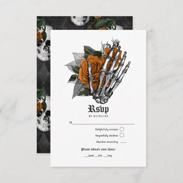Cartão RSVP Orange Floral Gothic Wedding (Frente/Verso)