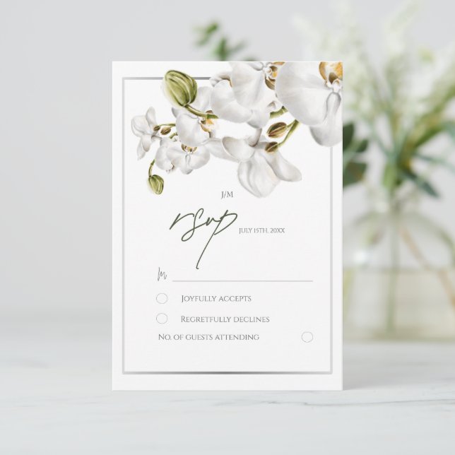 Cartão RSVP Orchids Frame Elegant Tropical Wedding (Em pé/Frente)