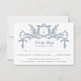 Cartão RSVP Ornamentado Azul francês Monograma Barroco