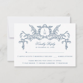 Cartão RSVP Ornamentado Azul francês Monograma Barroco
